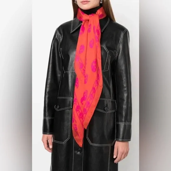 Authentic NEW Alexander McQueen Skull Motif Silk Scarf Bright Orange & Pink - Picture 2 of 9